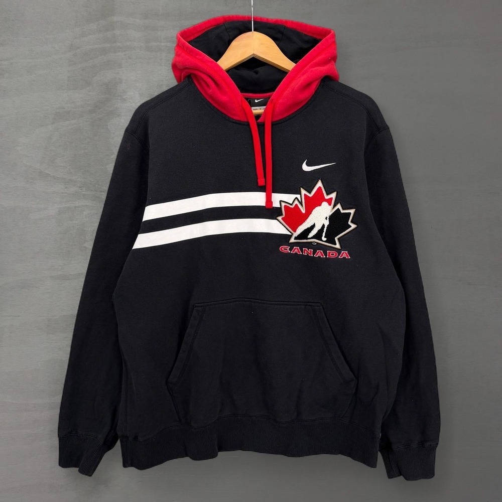 Vintage Nike Team Canada Hockey Hoodie Black Red Embroidered Patch Size Medium